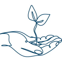 Minimal line drawing of a hand cupping a young sprout, symbolizing growth and community support on Give With Click’s school fundraising site.
