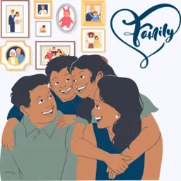 Happy family of four at home with a wall of family photos behind them