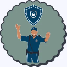 Security officer stands in front of a blue shield with a lock icon